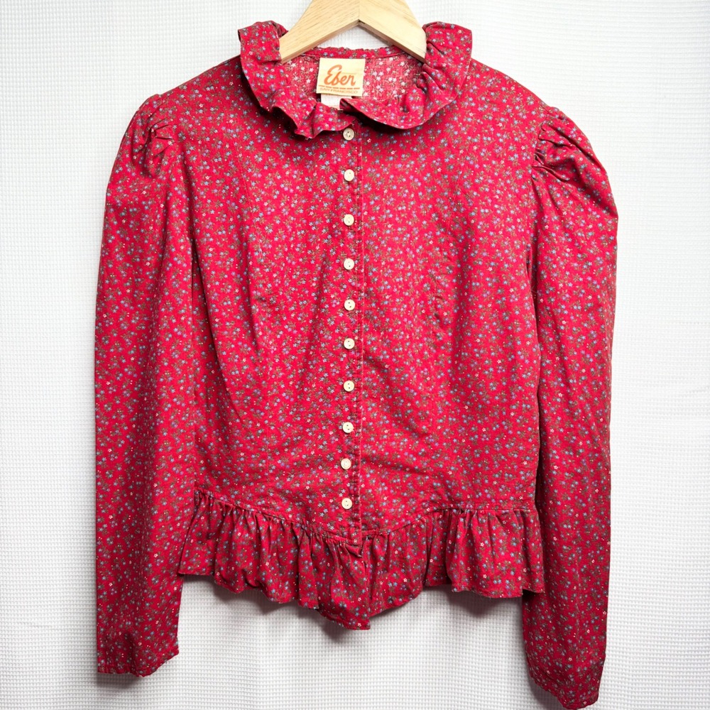 Vintage Eber 70s Floral Victorian Prairie Blouse Ruffle Top Cottagecore Large